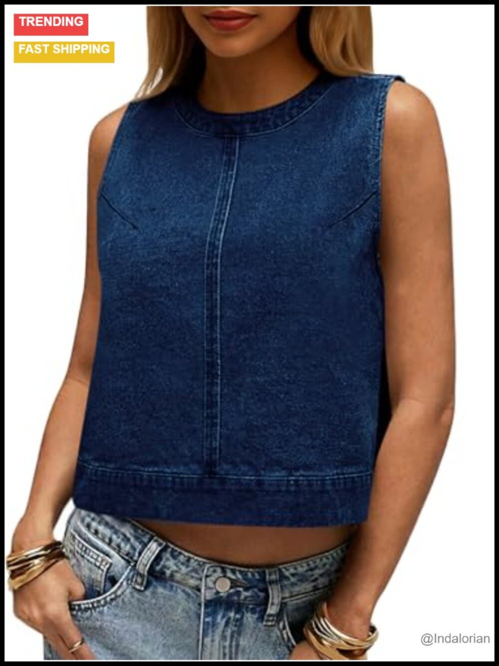 Sleeveless Cropped Denim Tank Top Back Zipper Jean Vest